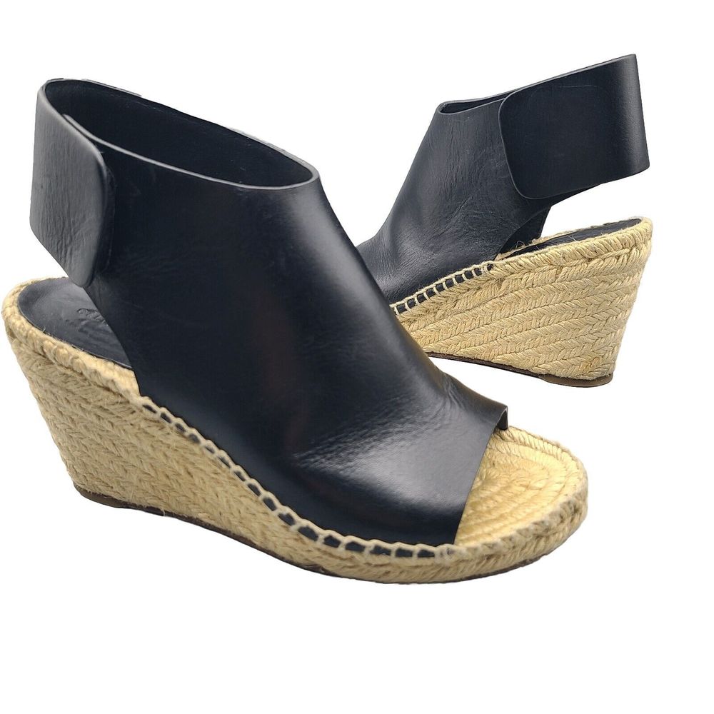 Celine Black Leather Espadrille Wedge Sandals
